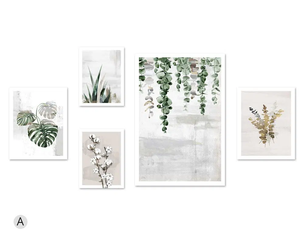 ⁦קולאז׳ תמונות Botanical Dreams Gallery - חמישה הדפסי נייר ללא מסגרת בפורמט מלבני בגווני ירוק עם נגיעות זהב⁩ – תמונה ⁦5⁩