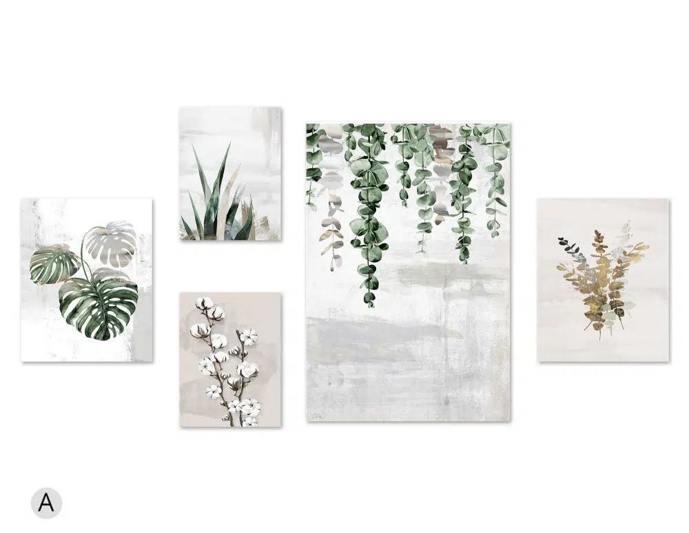 ⁦קולאז׳ תמונות Botanical Dreams Gallery - חמישה הדפסי נייר ללא מסגרת בפורמט מלבני בגווני ירוק עם נגיעות זהב⁩ – תמונה ⁦4⁩