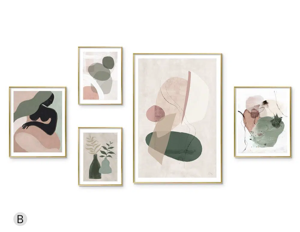 ⁦קולאז׳ תמונות La Femme Verte Gallery B - חמישה הדפסי נייר ממוסגרים בפורמט מלבני בגווני ירוק מעושן ורוד עתיק⁩ – תמונה ⁦4⁩