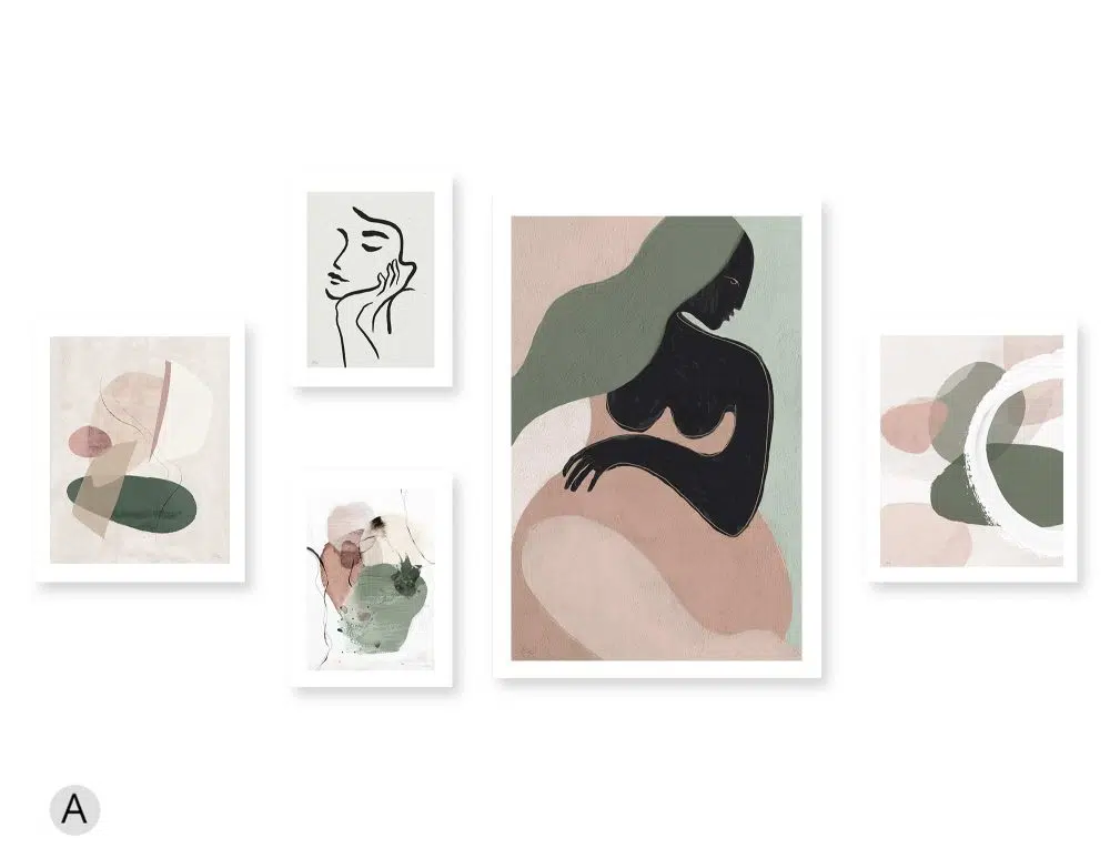 ⁦קולאז׳ תמונות La Femme Verte Gallery A - חמישה הדפסי נייר ללא מסגרת בפורמט מלבני בגווני ירוק מעושן ורוד עתיק⁩ – תמונה ⁦6⁩