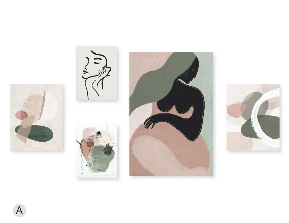 ⁦קולאז׳ תמונות La Femme Verte Gallery A - חמישה הדפסי נייר ללא מסגרת בפורמט מלבני בגווני ירוק מעושן ורוד עתיק⁩ – תמונה ⁦5⁩