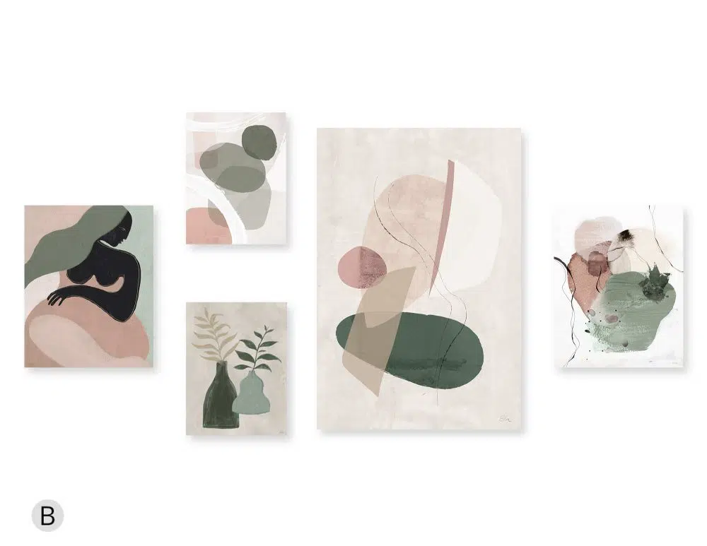 ⁦קולאז׳ תמונות La Femme Verte Gallery B - חמישה הדפסי נייר ללא מסגרת בפורמט מלבני בגווני ירוק מעושן ורוד עתיק⁩ – תמונה ⁦3⁩