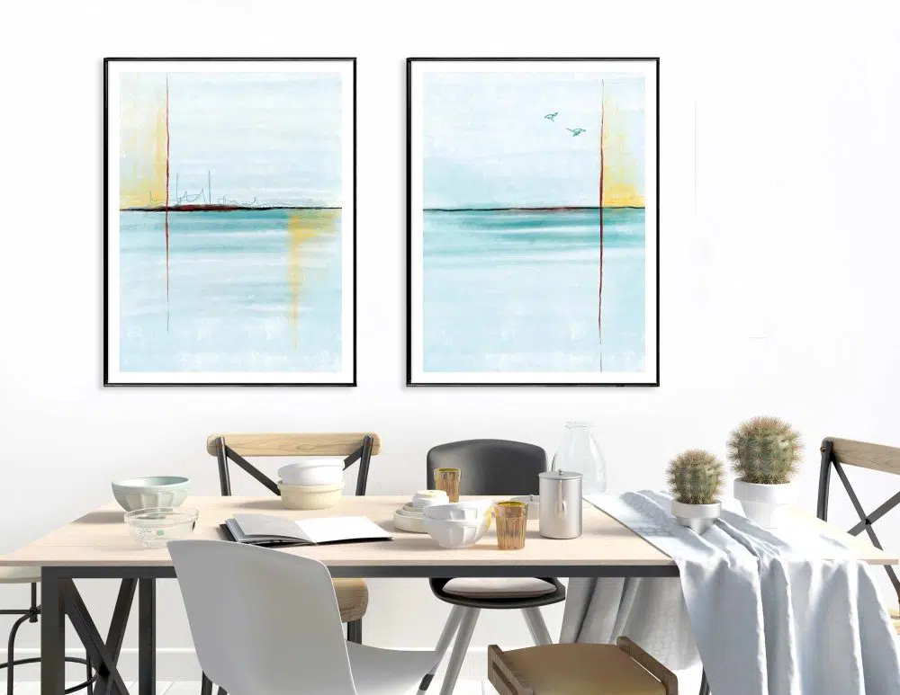 ⁦תמונות לבית Ocean Duo - שני הדפסי נייר ממוסגרים בפורמט מלבני בגווני תכלת טורקיז עם נגיעות צהוב⁩ – תמונה ⁦2⁩