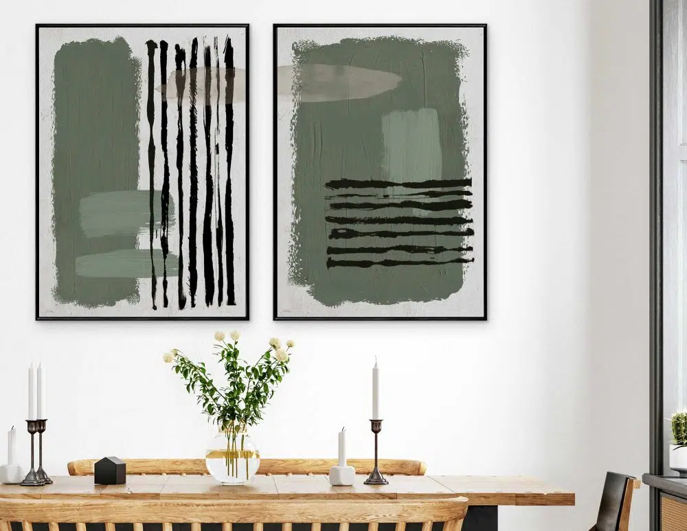 ⁦תמונות לסלון Green Beige Shapes Duo - שני הדפסי נייר ממוסגרים בפורמט מלבני בגווני ירוק בז׳⁩ – תמונה ⁦3⁩
