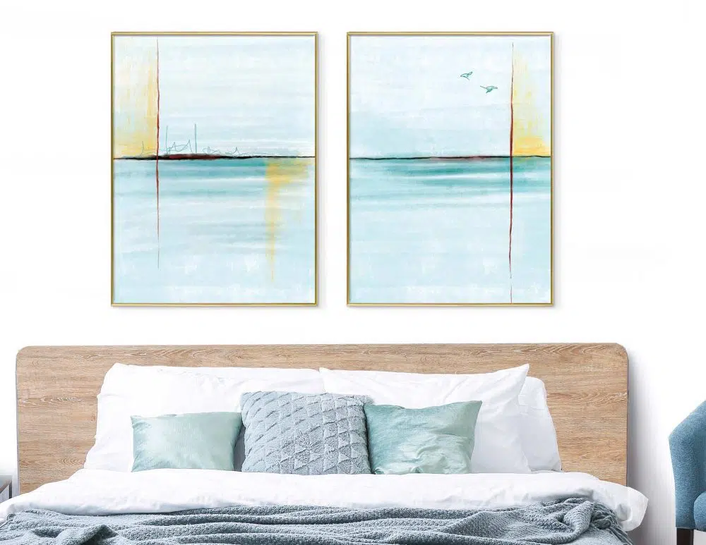 ⁦תמונות לבית Ocean Duo - שני הדפסי נייר ממוסגרים בפורמט מלבני בגווני תכלת טורקיז עם נגיעות צהוב⁩ – תמונה ⁦3⁩