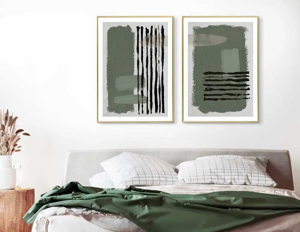 ⁦תמונות לסלון Green Beige Shapes Duo - שני הדפסי נייר ממוסגרים בפורמט מלבני בגווני ירוק בז׳⁩ – תמונה ⁦4⁩