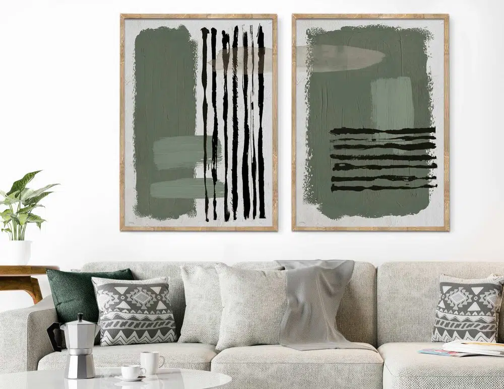 ⁦תמונות לסלון Green Beige Shapes Duo - שני הדפסי נייר ממוסגרים בפורמט מלבני בגווני ירוק בז׳⁩ – תמונה ⁦2⁩