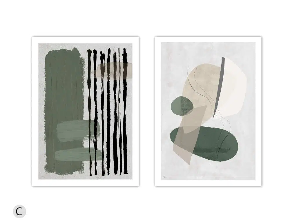 ⁦תמונות לסלון Green White Shapes Duo - שני הדפסי נייר ללא מסגרת בפורמט מלבני בגווני ירוק בז׳ לבן⁩ – תמונה ⁦6⁩