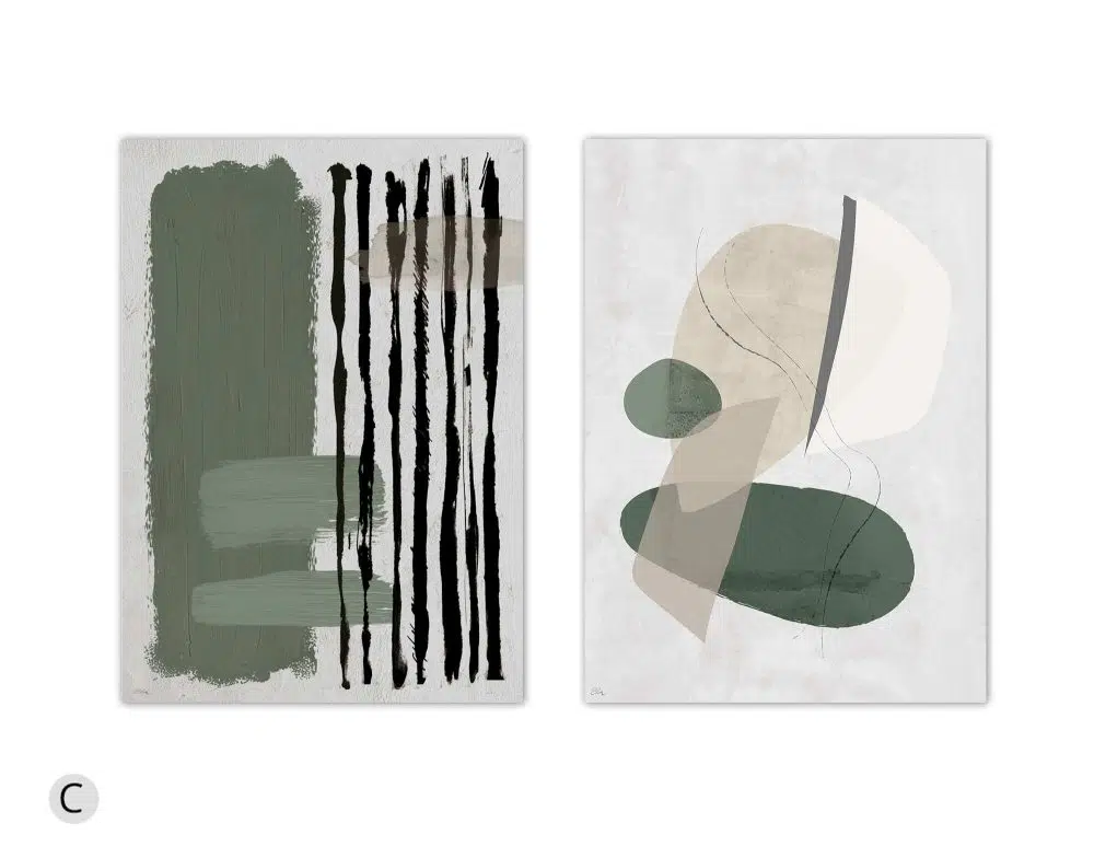 ⁦תמונות לסלון Green White Shapes Duo - שני הדפסי נייר ללא מסגרת בפורמט מלבני בגווני ירוק בז׳ לבן⁩ – תמונה ⁦5⁩
