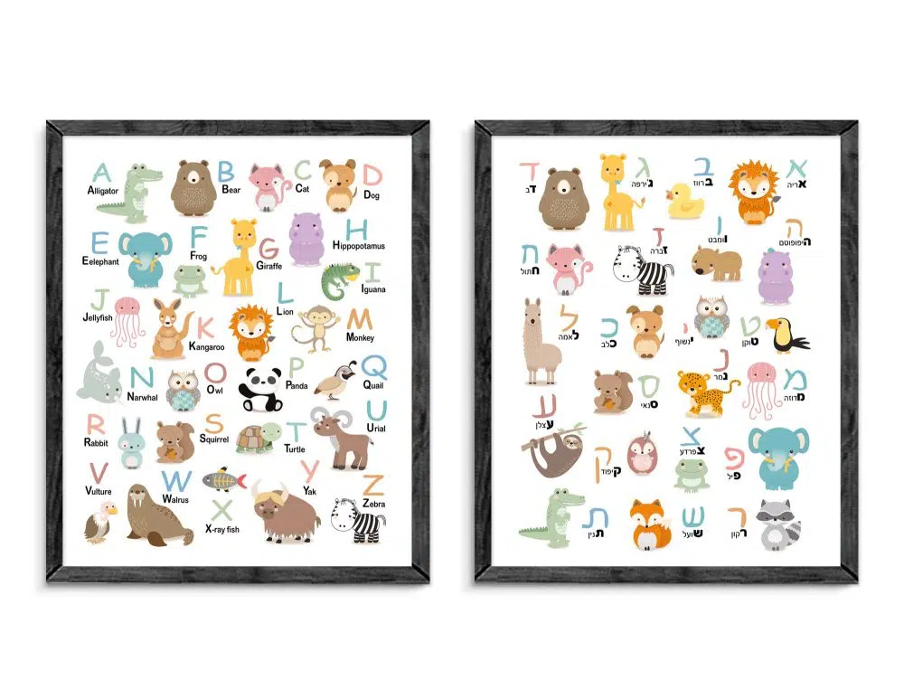 ⁦תמונות לחדר ילדים אותיות א״ב עברית ואנגלית Animal Alphabet Duo - שני הדפסי נייר עם או ללא מסגרות⁩ – תמונה ⁦4⁩