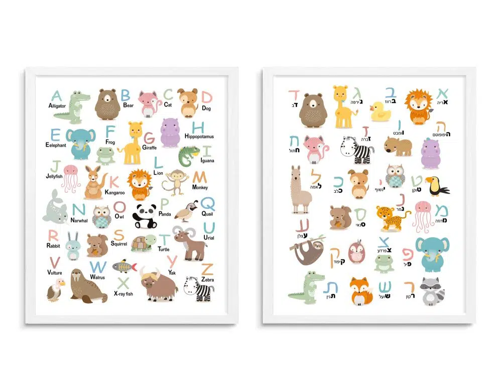 ⁦תמונות לחדר ילדים אותיות א״ב עברית ואנגלית Animal Alphabet Duo - שני הדפסי נייר עם או ללא מסגרות⁩ – תמונה ⁦3⁩