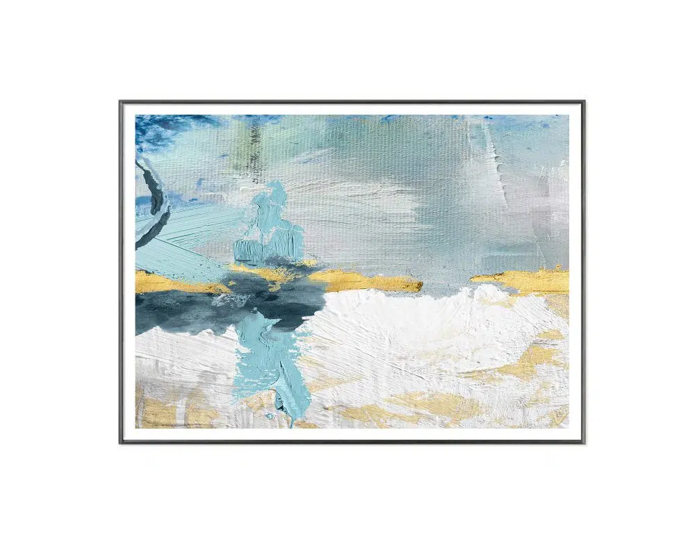 ⁦תמונה לסלון Emotions Blue - הדפס נייר ממוסגר בפורמט רוחבי בגווני כחול טורקיז אפור עם נגיעות זהב⁩ – תמונה ⁦4⁩