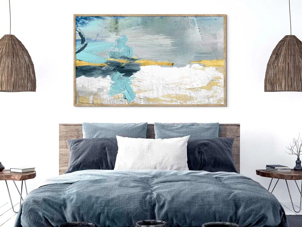 ⁦תמונה לסלון Emotions Blue - הדפס נייר ממוסגר בפורמט רוחבי בגווני כחול טורקיז אפור עם נגיעות זהב⁩ – תמונה ⁦3⁩