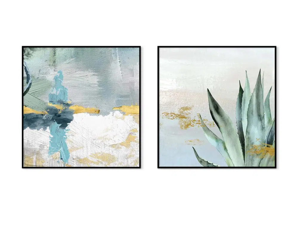 ⁦תמונות קנבס Emotional Nature Green Blue - שני הדפסי קנבס ממוסגרים בפורמט ריבועי בגווני ירוק כחול עם נגיעות זהב⁩ – תמונה ⁦4⁩
