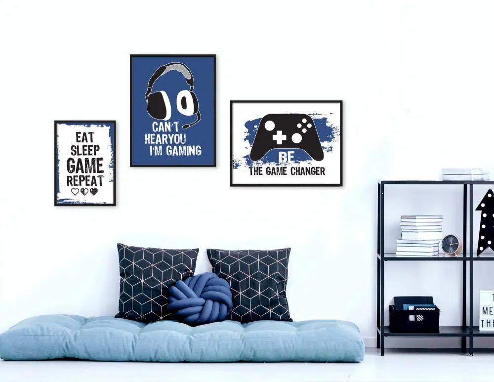 תמונות חדר גיימינג Gaming Trio Blue - שלושה הדפסי נייר עם או ללא מסגרות בגווני כחול שחור