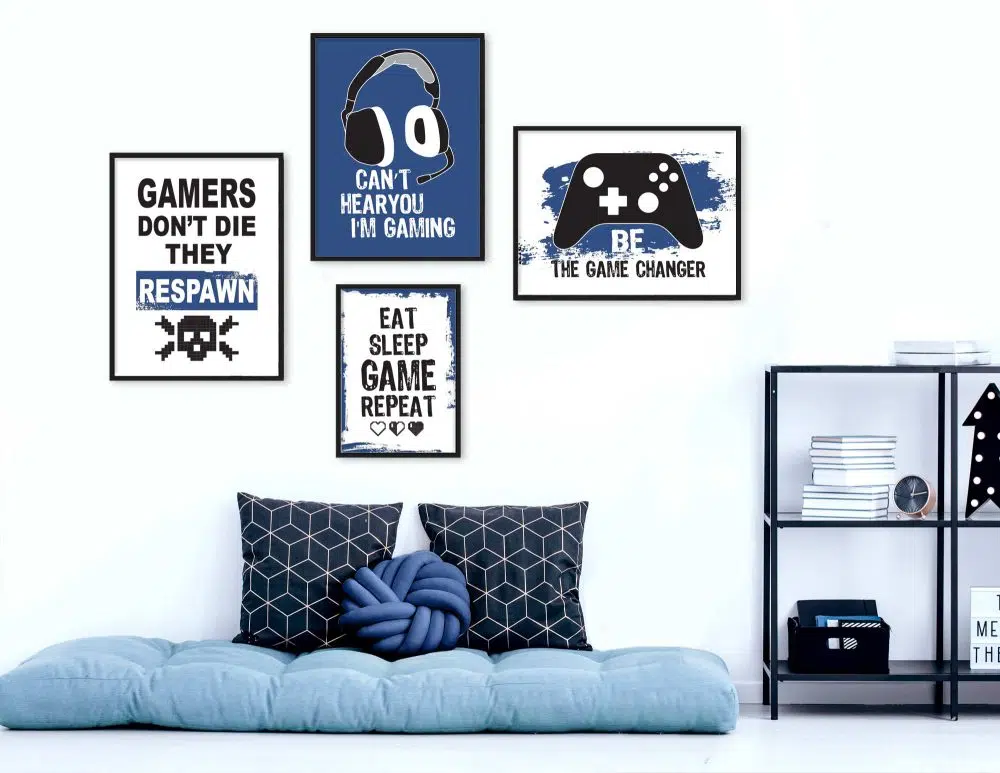 תמונות חדר גיימינג Gaming Four Blue - ארבעה הדפסי נייר עם או ללא מסגרות בגווני כחול שחור