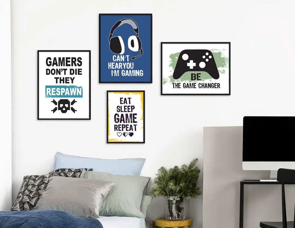 תמונות חדר גיימינג Gaming Four Colors - ארבעה הדפסי נייר עם או ללא מסגרות בגווני כחול ירוק צהוב שחור
