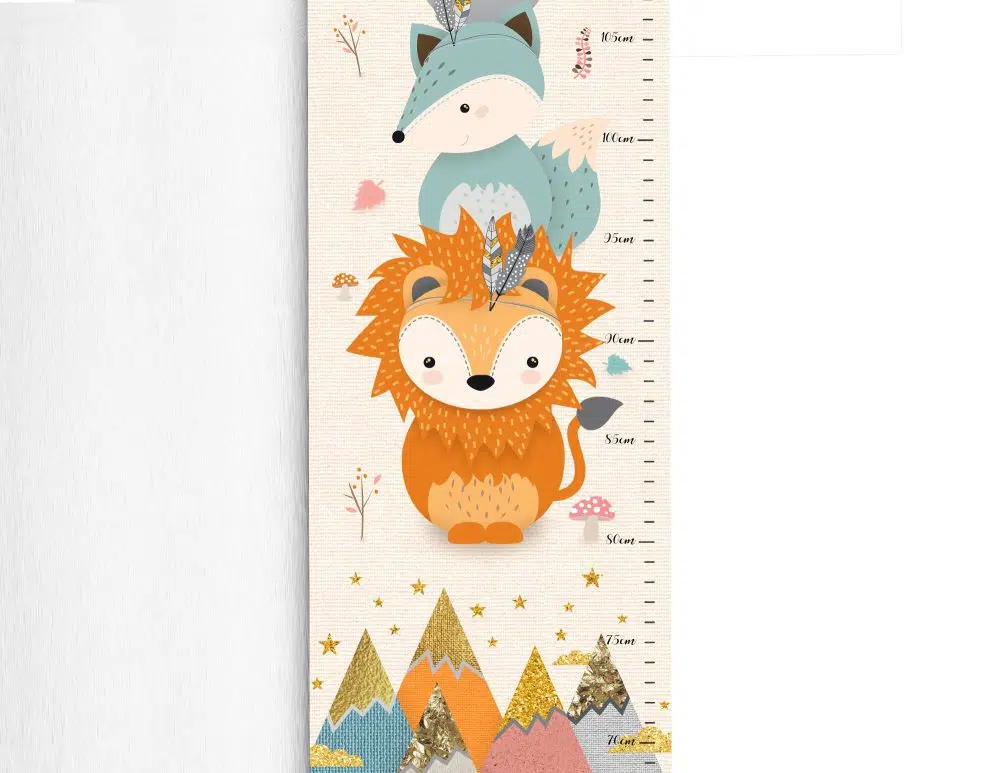 ⁦מד גובה לילדים Lion Canvas Growth Chart Pink Mint - מודפס על קנבס עם מסגרת עץ בגווני ורוד מנטה כתום שמנת⁩ – תמונה ⁦2⁩