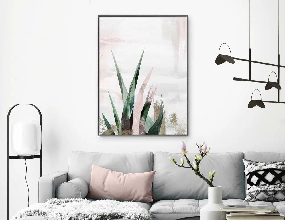 תמונה לסלון Growth Pink - הדפס נייר ממוסגר בפורמט מלבני בגווני אפור ירוק עם נגיעות ורוד ברונזה