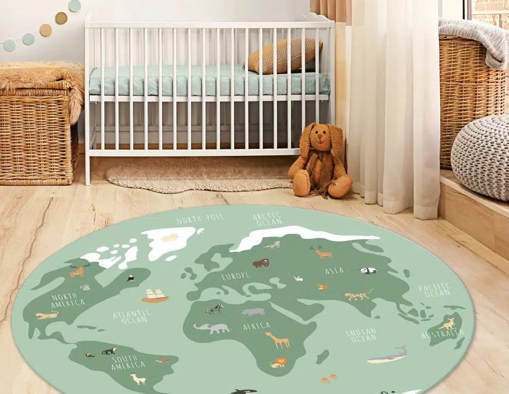 שטיח עגול לחדר ילדים Animal World Green - שטיח pvc איכותי באיור מקורי מודפס בגווני ירוק