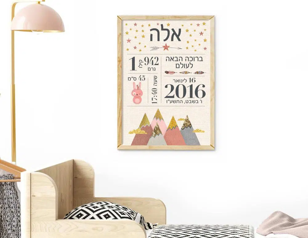 מתנת לידה Woodland Baby details Pink - תעודת לידה מעוצבת מודפסת על נייר עם או ללא מסגרת בגווני ורוד שמנת עם נגיעות זהב