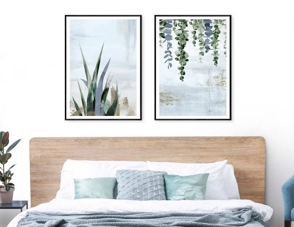 ⁦תמונות קנבס Fallen Leaves Growth Blue - שני הדפסי קנבס ממוסגרים בפורמט מלבני בגווני כחול ירוק עם נגיעות ברונזה⁩ – תמונה ⁦3⁩