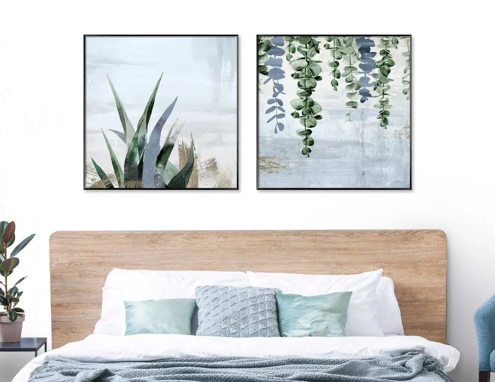 תמונות לבית Fallen Leaves Growth Blue - שני הדפסי נייר ללא מסגרת בפורמט ריבועי בגווני כחול ירוק עם נגיעות ברונזה