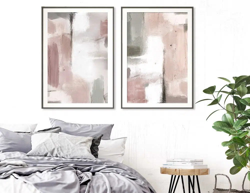 תמונות לחדר שינה Pink Green Abstraction Duo - שני הדפסי נייר ללא מסגרת בפורמט מלבני בגווני ורוד ירוק