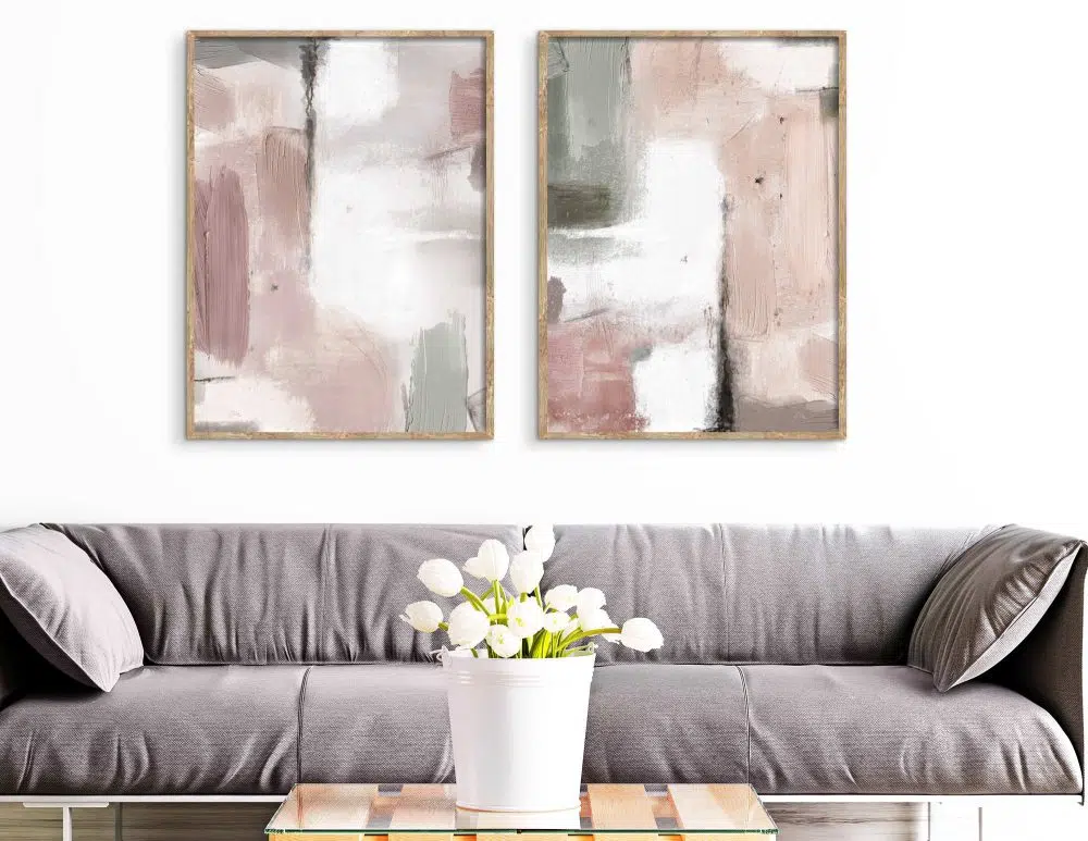 ⁦תמונות לחדר שינה Pink Green Abstraction Duo - שני הדפסי נייר ללא מסגרת בפורמט מלבני בגווני ורוד ירוק⁩ – תמונה ⁦2⁩