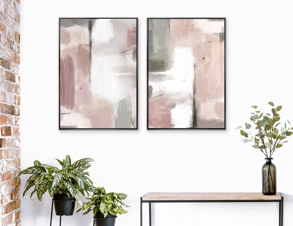 ⁦תמונות לחדר שינה Pink Green Abstraction Duo - שני הדפסי נייר ללא מסגרת בפורמט מלבני בגווני ורוד ירוק⁩ – תמונה ⁦4⁩