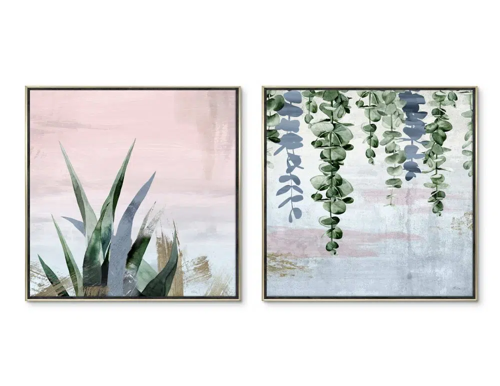⁦תמונות קנבס Fallen Leaves Growth Pink Blue - שני הדפסי קנבס ממוסגרים בפורמט ריבועי בגווני ורוד כחול ירוק עם נגיעות ברונזה⁩ – תמונה ⁦4⁩