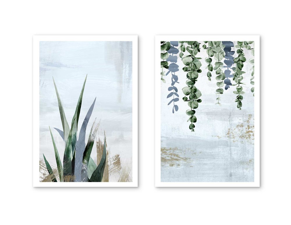 ⁦תמונות לבית Fallen Leaves Growth Blue - שני הדפסי נייר ללא מסגרת בפורמט מלבני בגווני כחול ירוק עם נגיעות ברונזה⁩ – תמונה ⁦5⁩