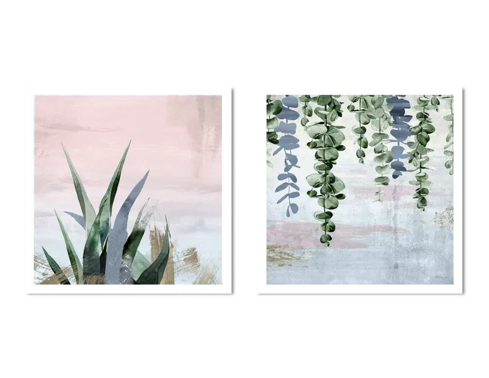 ⁦תמונות לבית Fallen Leaves Growth Pink Blue - שני הדפסי נייר ללא מסגרת בפורמט ריבועי בגווני ורוד כחול ירוק עם נגיעות ברונזה⁩ – תמונה ⁦5⁩