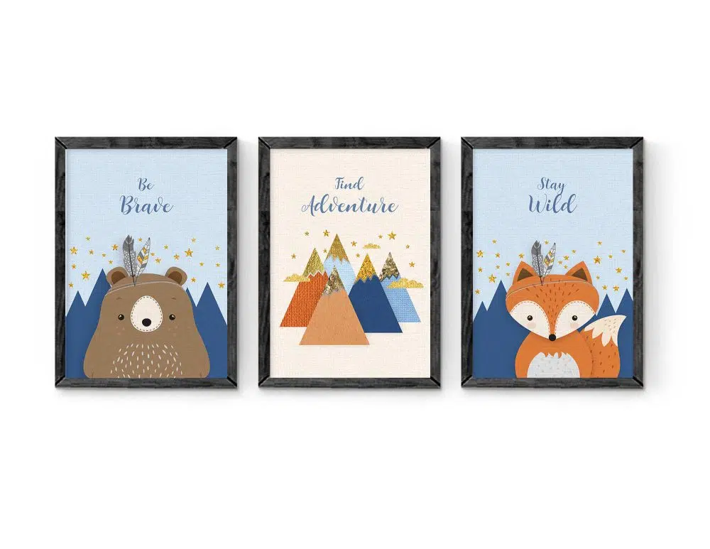 ⁦תמונות לחדר ילדים Woodland Trio Blue Orange - שלושה הדפסי נייר עם או ללא מסגרות בגווני כחול כתום שמנת עם נגיעות זהב⁩ – תמונה ⁦4⁩