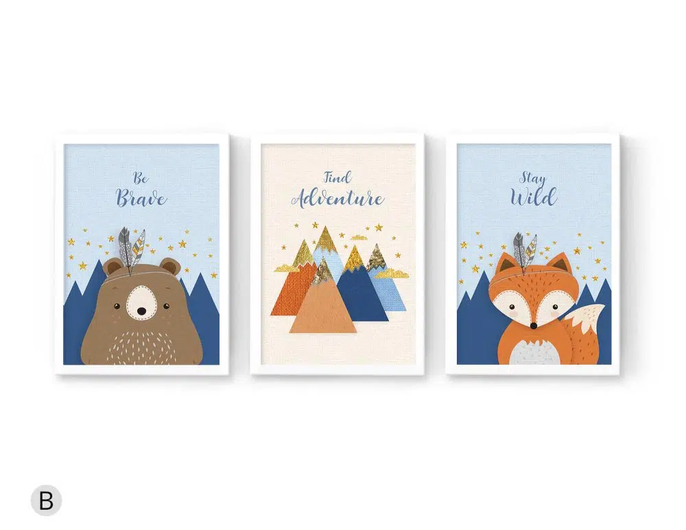 ⁦תמונות לחדר ילדים Woodland Trio Blue Orange - שלושה הדפסי נייר עם או ללא מסגרות בגווני כחול כתום שמנת עם נגיעות זהב⁩ – תמונה ⁦2⁩