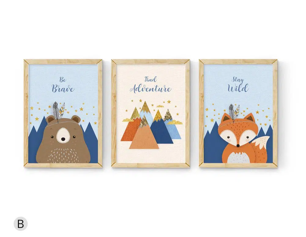 ⁦תמונות לחדר ילדים Woodland Trio Blue Orange - שלושה הדפסי נייר עם או ללא מסגרות בגווני כחול כתום שמנת עם נגיעות זהב⁩ – תמונה ⁦3⁩