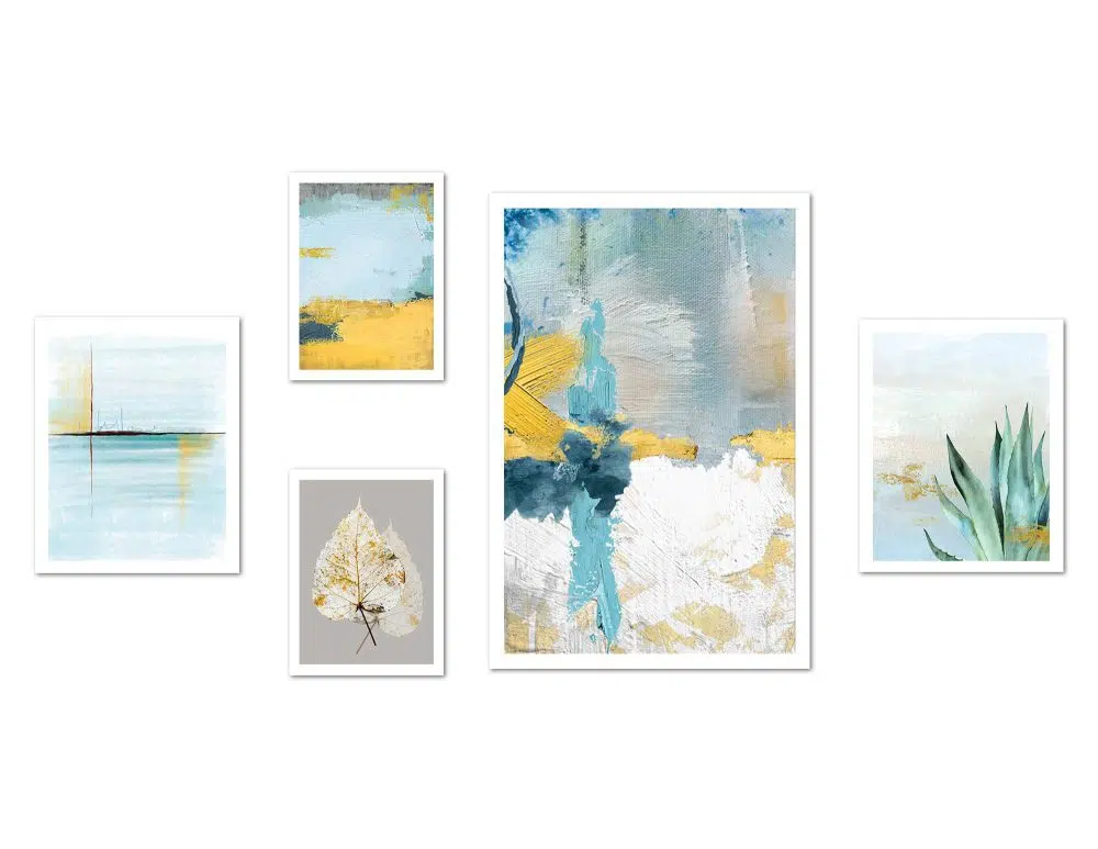 ⁦קולאז׳ תמונות Blue Yellow Gallery - חמישה הדפסי נייר ללא מסגרת בפורמט מלבני בגווני כחול ירוק צהוב⁩ – תמונה ⁦5⁩