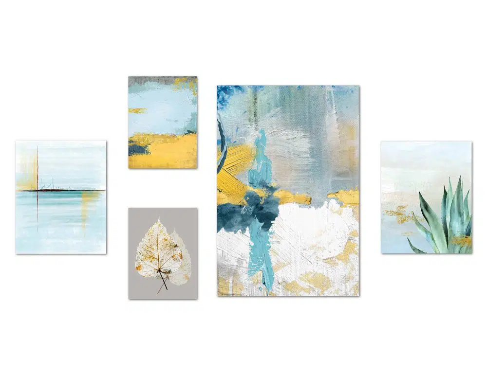 ⁦קולאז׳ תמונות Blue Yellow Gallery - חמישה הדפסי נייר ללא מסגרת בפורמט מלבני בגווני כחול ירוק צהוב⁩ – תמונה ⁦4⁩