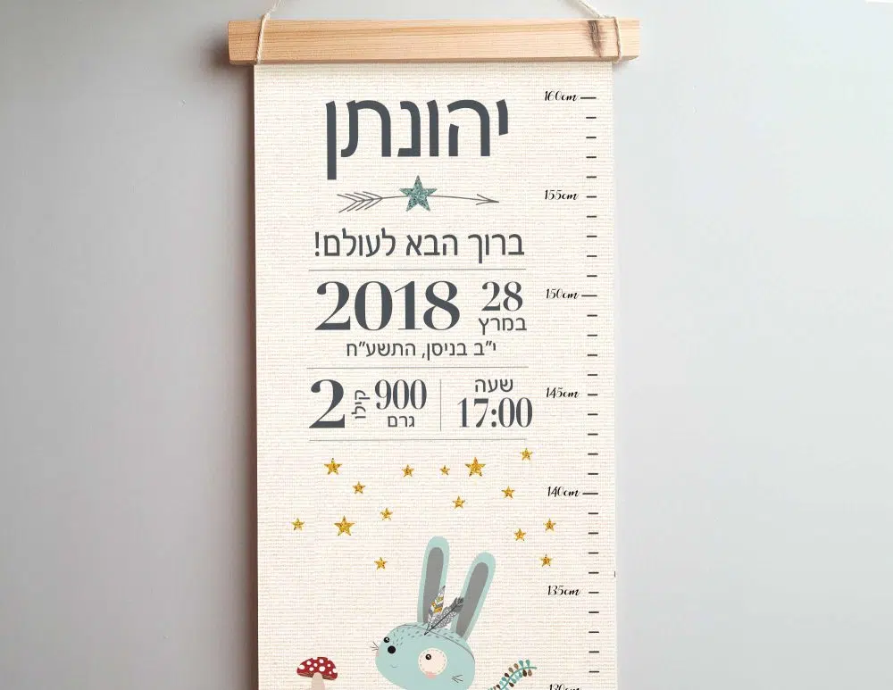 ⁦מתנת לידה Woodland Canvas Growth Chart Baby Details Mint - מד גובה בשילוב תעודת לידה על קנבס עם מסגרת עץ בגווני מנטה שמנת⁩ – תמונה ⁦2⁩