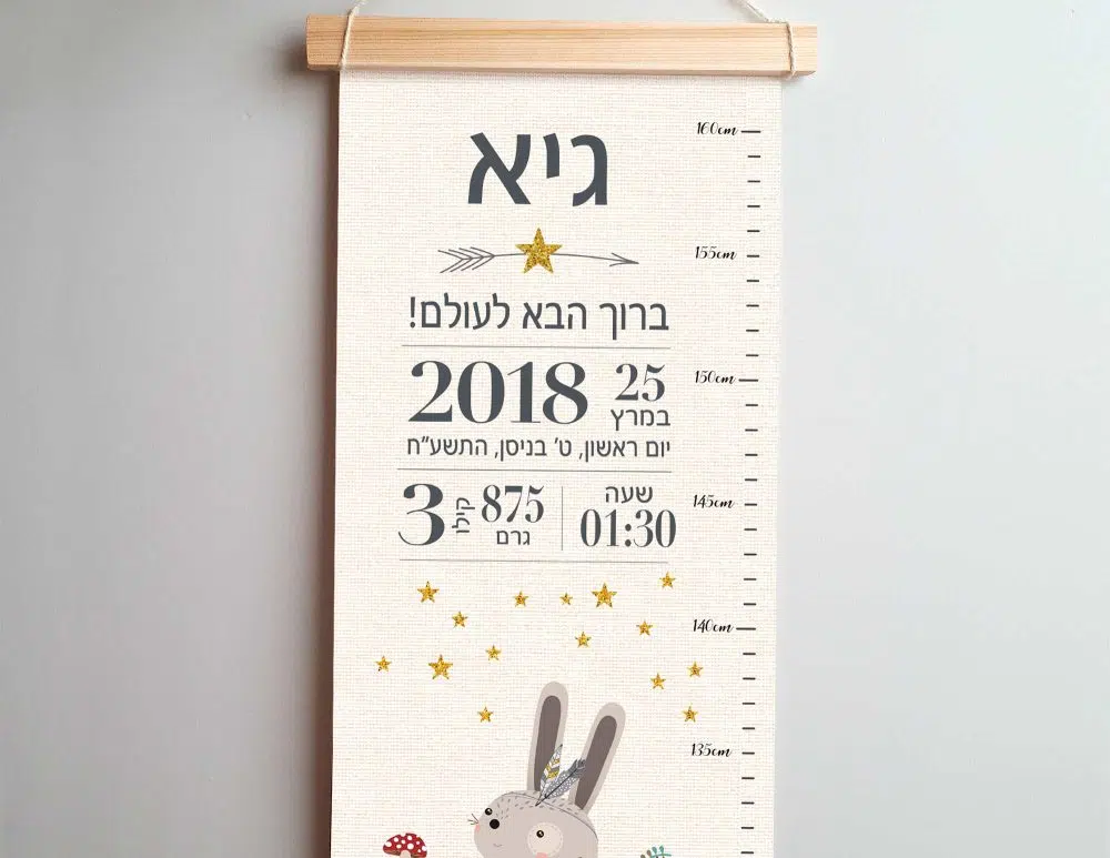 ⁦מתנת לידה Woodland Canvas Growth Chart Baby Details Neutral - מד גובה בשילוב תעודת לידה על קנבס עם מסגרת עץ בגווני בז׳ חום שמנת⁩ – תמונה ⁦2⁩