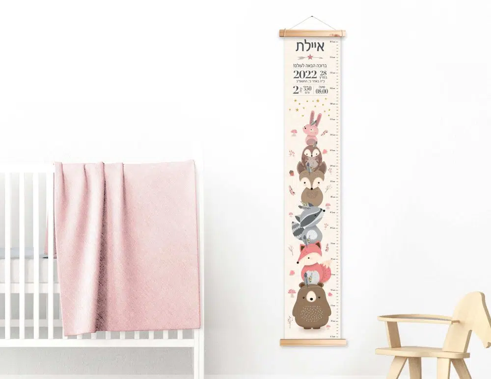 מתנת לידה Woodland Canvas Growth Chart Baby Details Pink - מד גובה בשילוב תעודת לידה על קנבס עם מסגרת עץ בגווני ורוד שמנת