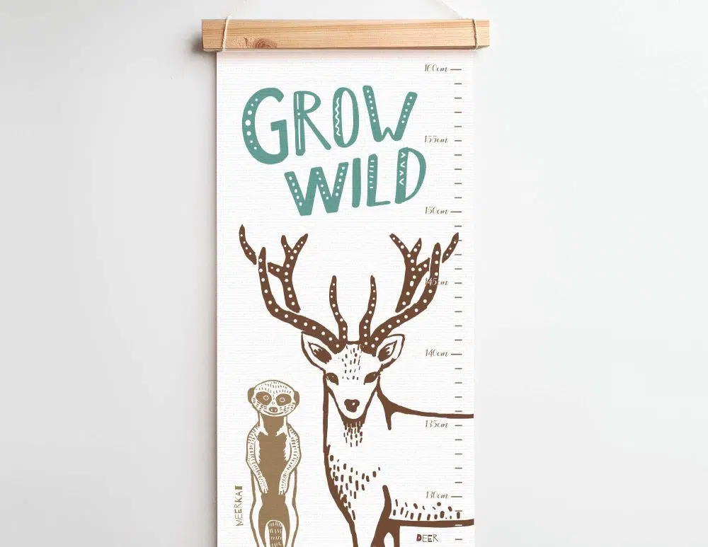 ⁦מד גובה לילדים Wild Animals Canvas Growth Chart Mint - מודפס על קנבס עם מסגרת עץ בגווני מנטה חום אפור⁩ – תמונה ⁦2⁩