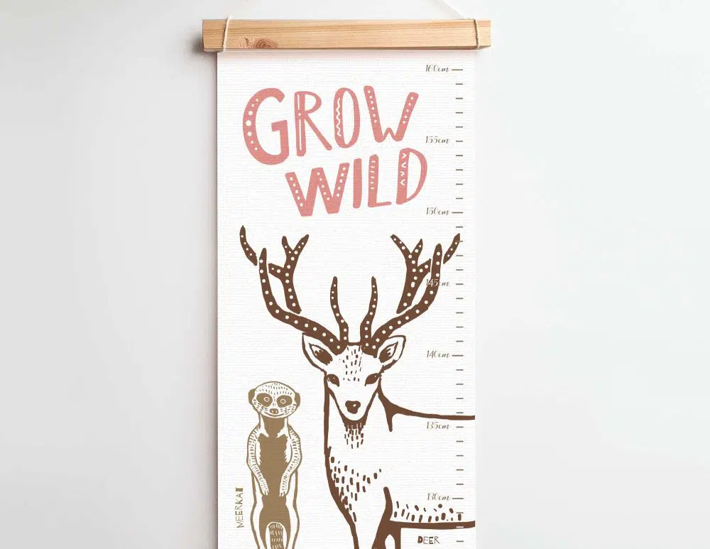 ⁦מד גובה לילדים Wild Animals Canvas Growth Chart Pink - מודפס על קנבס עם מסגרת עץ בגווני ורוד חום אפור⁩ – תמונה ⁦2⁩