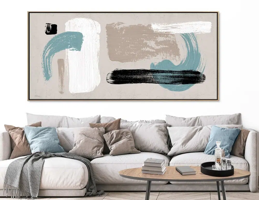 תמונת קנבס לסלון Smoky Mind Beige Mint - הדפס קנבס ממוסגר בפורמט רוחבי בגווני בז׳ טורקיז שחור אפור