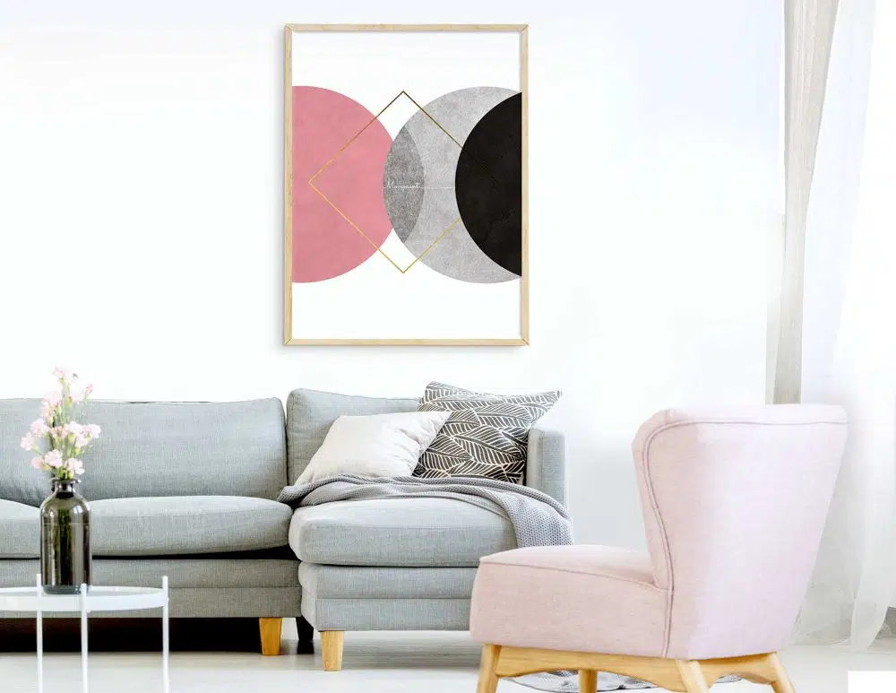 ⁦תמונה לסלון Movement Pink - הדפס נייר ממוסגר בפורמט מלבני בגווני ורוד עתיק שחור אפור לבן עם נגיעות זהב⁩ – תמונה ⁦3⁩