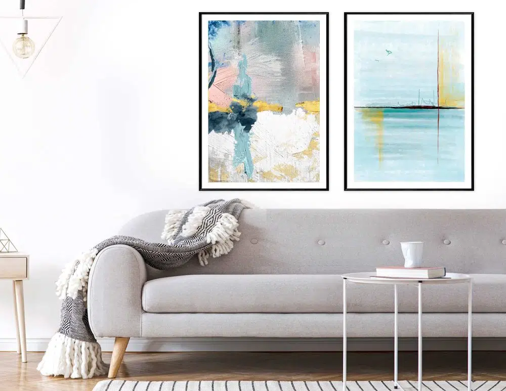 ⁦תמונות לבית Emotions & Ocean Blue Pink - שני הדפסי נייר ללא מסגרת בפורמט מלבני בגווני כחול טורקיז ורוד אפור עם נגיעות זהב⁩ – תמונה ⁦4⁩