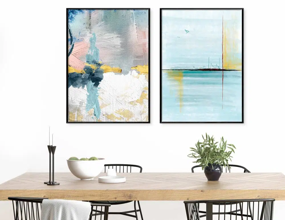 ⁦תמונות לבית Emotions & Ocean Blue Pink - שני הדפסי נייר ללא מסגרת בפורמט מלבני בגווני כחול טורקיז ורוד אפור עם נגיעות זהב⁩ – תמונה ⁦3⁩