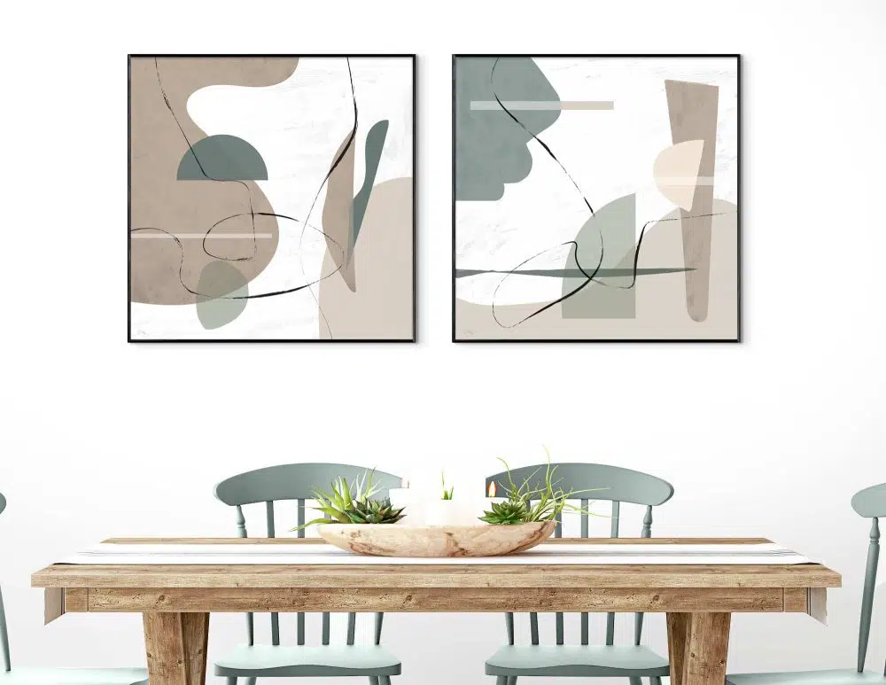 תמונות לסלון Meditate Duo Green Beige - שני הדפסי נייר ממוסגרים בפורמט ריבועי בגווני ירוק מעושן בז׳ ניוד