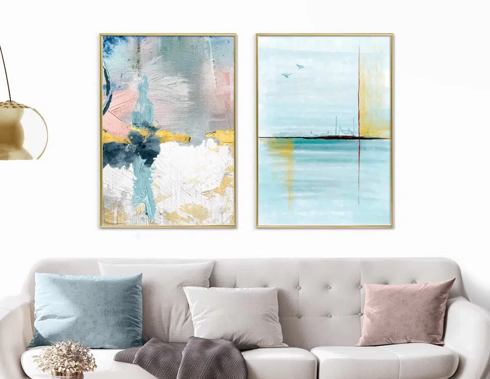 ⁦תמונות קנבס לסלון Emotions & Ocean Blue Pink - שני הדפסי קנבס ממוסגרים בפורמט מלבני בגווני כחול טורקיז ורוד אפור עם נגיעות זהב⁩ – תמונה ⁦2⁩