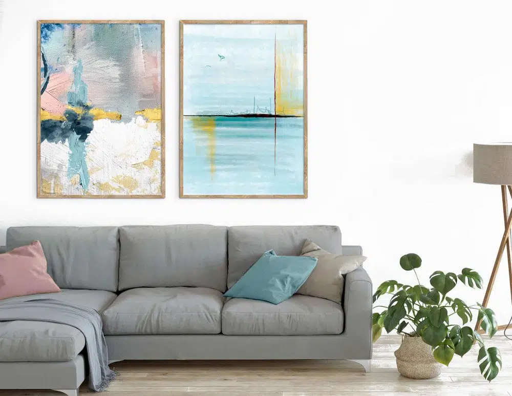 ⁦תמונות לבית Emotions & Ocean Blue Pink - שני הדפסי נייר ללא מסגרת בפורמט מלבני בגווני כחול טורקיז ורוד אפור עם נגיעות זהב⁩ – תמונה ⁦5⁩